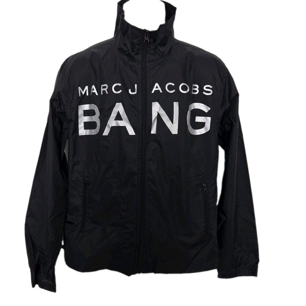 Marc Jacob Bang Unisex Windbreaker Jacket Black Zip Pockets Mock Neck Mens M-L